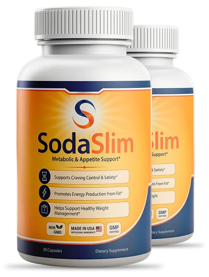 2 SodaSlim capsule bottles with orange and navy labels