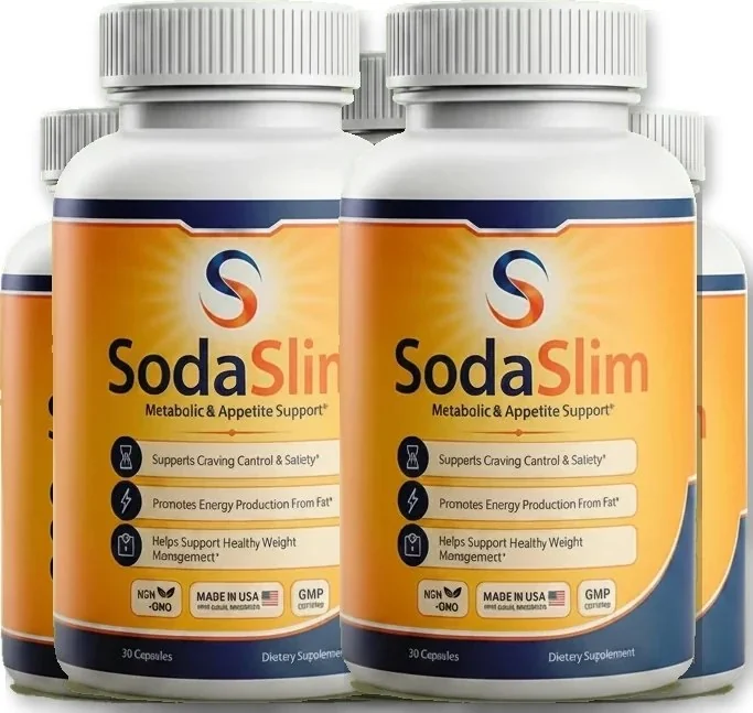 6 SodaSlim capsule bottles with orange and navy labels