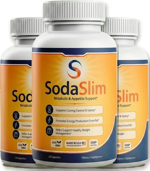 3 SodaSlim capsule bottles with orange and navy labels